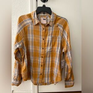 NWT SO Gold Plaid Long Sleeve Button Down. Size Small.
